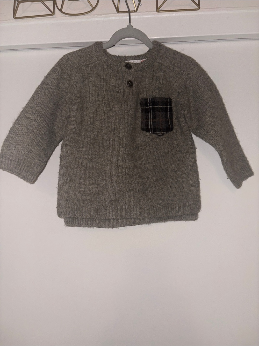 ZARA Gray Knit Sweater with Plaid Chest Pocket 18-24 Months